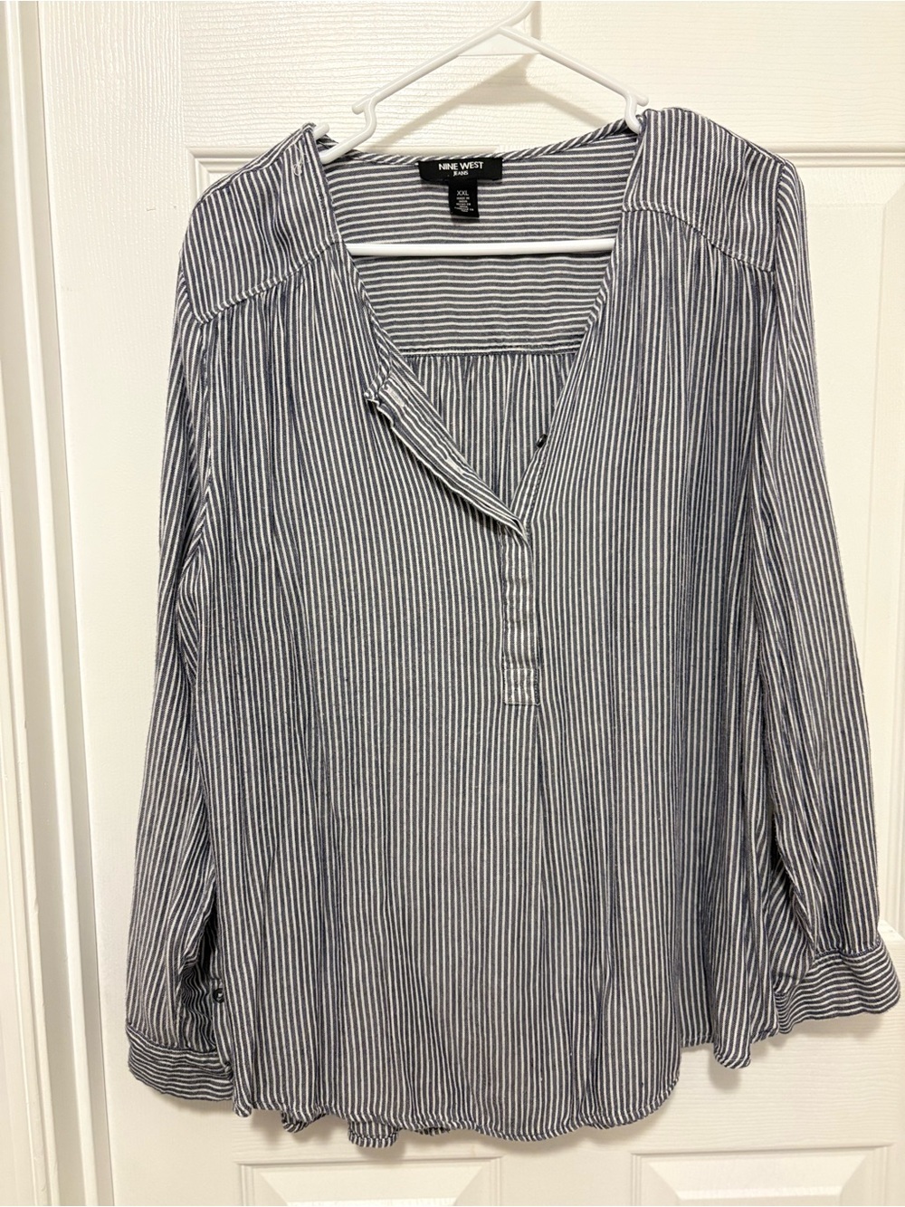 Nine West Navy and White Vertical Stripe Henley Blouse